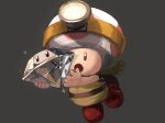  1boy :o backpack bag belt black_eyes brown_bag brown_belt brown_pants brown_shirt captain_toad captain_toad:_treasure_tracker commentary full_body gem grey_background headlamp highres male_focus mario_(series) open_mouth pants red_footwear rinabee_(rinabele0120) scroll shirt shoes simple_background sleeveless sleeveless_shirt solo sparkle super_gem symbol-only_commentary toad_(mario) 