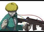 biting blonde_hair blue_eyes bow bowtie cable glasses gun jeff_andonuts letterboxed machine_gun male_focus mother_(game) mother_2 shaded_face shirt simple_background solo sumishiba_(pixiv) tuxedo weapon 