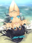  :d aqua_eyes beach bikini black_hair day fang ganaha_hibiki groin hair_ribbon high_ponytail idolmaster idolmaster_(classic) kuronyan long_hair looking_at_viewer lying navel on_back open_mouth outdoors outstretched_arms outstretched_hand ponytail reaching ribbon sand smile submerged swimsuit upside-down water 