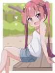  1girl :d bare_arms bare_shoulders bench blurry blurry_background camisole commentary_request crossed_legs day depth_of_field fang feet_out_of_frame grey_shorts hair_ornament heart highres kapuru_0410 long_hair looking_at_viewer looking_to_the_side outdoors red_eyes red_hair short_shorts shorts sitting smile solo tanemura_koyori twintails very_long_hair watashi_ni_tenshi_ga_maiorita! white_camisole x_hair_ornament 