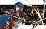  1boy alcryst_(fire_emblem) armor arrow_(projectile) asymmetrical_hair blue_hair bow_(weapon) circlet closed_mouth commission fire_emblem fire_emblem_engage fur_trim gloves hair_ornament highres holding holding_bow_(weapon) holding_weapon kazuha_(kazuha1003) red_eyes solo weapon 