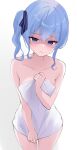  1girl bare_shoulders blue_eyes blue_hair blush closed_mouth collarbone empty_eyes fawny foreshortening hair_between_eyes highres hololive hoshimachi_suisei looking_at_viewer naked_towel shaded_face side_ponytail sidelocks simple_background solo towel virtual_youtuber white_background white_towel 