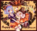  2girls alternate_costume alternate_headwear bat_wings black_cape black_headwear blonde_hair bloomers blue_hair blush border bow brown_border cape center_frills closed_mouth crystal english_text flandre_scarlet frilled_hairband frills hairband happy happy_halloween hat hat_bow hat_ribbon looking_at_viewer maru_usagi mini_hat multicolored_wings multiple_girls one_eye_closed open_mouth orange_bloomers orange_skirt orange_thighhighs puffy_short_sleeves puffy_sleeves purple_shirt purple_thighhighs red_bow red_eyes red_hairband red_ribbon remilia_scarlet ribbon shadow shirt short_sleeves siblings sisters skirt sleeve_bow sleeve_ribbon smile striped_clothes striped_thighhighs thighhighs touhou white_shirt white_thighhighs wings witch_hat yellow_background 