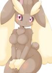 anthro big_ears black_sclera blush body_blush breasts brown_body brown_fur chest_tuft covering featureless_breasts female fur generation_4_pokemon hi_res kemono kuzuyu lagomorph leporid looking_at_viewer lopunny mammal medium_breasts navel nintendo nude pink_eyes pokemon pokemon_(species) rabbit scut_tail short_tail simple_background solo tail tuft white_background wide_hips