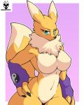 3_fingers absurd_res anthro armwear bandai_namco big_breasts blue_eyes breasts canid canine claws clothing digimon digimon_(species) facial_tuft featureless_breasts female fingers fur hi_res mammal neck_tuft renamon rondonite simple_background solo tail thick_thighs tuft white_body white_fur wide_hips yellow_body yellow_fur