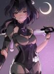  1girl black_gloves black_hair black_leotard breasts brown_eyes closed_mouth commentary covered_navel crescent_moon gloves hand_up highres holding holding_sword holding_weapon honkai_(series) honkai_impact_3rd leotard long_hair looking_at_viewer medium_breasts mofumanju moon raiden_mei solo sword weapon 