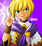  05a7w 1girl blonde_hair cape golden_sun green_eyes lightning looking_at_viewer magic open_mouth sheba_(golden_sun) short_hair simple_background smile solo 