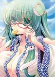  asai_ichiko bespectacled blush breasts food frog glasses green_eyes green_hair hair_ornament hair_tubes huge_breasts kochiya_sanae long_hair no_bra open_clothes open_shirt popsicle red-framed_eyewear shirt smile snake solo touhou upper_body 