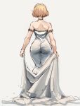  1girl armlet ass back backboob bare_shoulders bead_necklace beads blonde_hair braid breasts crown_braid dress from_behind grey_background highres holding jewelry necklace pointy_ears princess_zelda rakeemspoon short_hair shoulder_blades sketch solo strapless strapless_dress the_legend_of_zelda the_legend_of_zelda:_tears_of_the_kingdom undressing white_dress 