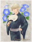  alteir blonde_hair fan flower ivan_karelin japanese_clothes male_focus morning_glory origami paper_crane paper_fan purple_eyes solo tiger_&amp;_bunny uchiwa 