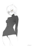  1girl arm_behind_back bottomless breasts closed_mouth covered_navel cowboy_shot expressionless from_below glasses liren44 long_sleeves looking_at_viewer medium_breasts monochrome original round_eyewear short_hair simple_background sketch skin_tight solo spot_color standing sweater thong turtleneck turtleneck_sweater unfinished wavy_mouth weibo_logo weibo_username yellow_eyes 