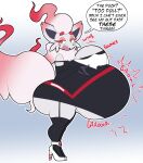 2023 anthro belly big_belly big_breasts big_butt big_ears big_tail black_nose bouncing_breasts breasts butt cheek_tuft clothed clothing curvy_figure dialogue digital_drawing_(artwork) digital_media_(artwork) dress emanata english_text eyebrows eyelashes facial_tuft fangs female footwear fur generation_5_pokemon grey_body grey_fur head_tuft hi_res high_heels hisuian_form hisuian_zorua huge_belly huge_butt legwear looking_aside minidress motion_lines multicolored_body multicolored_fur narrowed_eyes neck_tuft nintendo nyanilla onomatopoeia open_mouth orange_eyes pink_body pink_fur pokemon pokemon_(species) regional_form_(pokemon) rumbling_stomach shoes side_butt side_view simple_background solo sound_effects speech_bubble tail teeth text thigh_highs tight_clothing tight_dress tongue tuft zorua