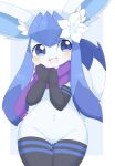 accessory anthro anthrofied armwear big_ears big_eyes black_clothing black_legwear blue_body blue_eyes blue_fur blue_hair blush clothing cute_fangs dot_nose eeveelution elbow_gloves eyelashes featureless_crotch female flower flower_in_hair fluffy fur generation_4_pokemon glaceon gloves hair hair_accessory handpaw hands_together handwear hi_res kemono kuzuyu legwear looking_at_viewer mostly_nude navel nintendo open_mouth paws plant pokemon pokemon_(species) pokemorph scarf sidelocks smile solo standing tail thigh_highs