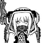  backpack bag chibi cloak greyscale invader monochrome simple_background solo tech_priest warhammer_40k 