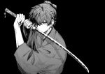  1boy black_background command_spell diiuclove fate/samurai_remnant fate_(series) fighting_stance greyscale holding holding_sword holding_weapon japanese_clothes katana kimono male_focus miyamoto_iori_(fate) monochrome sword weapon 