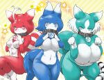 abstract_background anthro anthrofied big_breasts blue_body blue_eyes blue_fur blush breasts cheek_tuft collar cowlick facial_tuft female fin fur green_body green_eyes green_fur group hair hi_res kemono_friends leg_markings looking_at_viewer markings medium_breasts mouthless multi_tail multicolored_body multicolored_fur navel nipples nude paw_pose pose pubic_mound red_body red_eyes red_fur socks_(marking) sparkles star star_accessory star_beast_(kemono_friends) striped_markings striped_tail stripes tail tail_fin tail_markings trio tuft two_tone_body two_tone_fur yukaran_nosuke