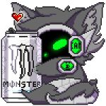&lt;3 animated anthro beverage beverage_can c.a.m. canid canine canis digital_media_(artwork) embrace fur glowing green_body green_eyes grey_body grey_fur hug jackal likara low_res machine male mammal monster_energy monster_energy_can pixel_(artwork) pixel_animation protogen robotic screen screen_face solo yuri_chacal