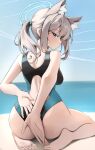  1girl absurdres animal_ear_fluff animal_ears bare_arms bare_shoulders barefoot beach black_one-piece_swimsuit blue_archive blue_eyes blue_halo blue_one-piece_swimsuit blue_sky blush breasts commentary competition_swimsuit covering_ass covering_privates day extra_ears feet from_behind grey_hair halo highres looking_at_viewer looking_back medium_breasts ocean official_alternate_costume one-piece_swimsuit outdoors parted_lips ponytail profile scarlet_(wv0102) seiza shiroko_(blue_archive) shiroko_(swimsuit)_(blue_archive) shore sidelocks sitting sky soles solo swimsuit symbol-only_commentary teeth toes two-tone_swimsuit water wolf_ears 
