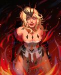  1girl bare_shoulders blonde_hair blue_eyes breasts cape cleavage dress fire genshin_impact gloves highres kneeling kreescript large_breasts pelvic_curtain red_cape red_lips strapless strapless_dress tagme 