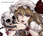  1girl ascot blonde_hair character_name crystal fangs fingernails flandre_scarlet floral_print hair_between_eyes hat highres holding holding_skull kyogoku-uru long_fingernails looking_at_viewer medium_hair mob_cap multicolored_wings nail_polish one_side_up open_mouth puffy_short_sleeves puffy_sleeves red_eyes red_nails red_vest rose_print sharp_fingernails shirt short_sleeves simple_background skull solo teeth tongue tongue_out touhou upper_teeth_only vest white_background white_headwear white_shirt wings wrist_cuffs yellow_ascot 