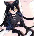  1girl animal_ears arknights black_choker black_shirt black_shorts blue_jacket blush cat_ears cat_girl cat_tail choker closed_mouth commentary_request dagda_(arknights) ear_piercing extra_ears flat_chest hair_between_eyes highres jacket kochiya_(gothope) leg_up long_sleeves looking_at_viewer micro_shorts open_fly paid_reward_available piercing shirt shorts spread_legs tail thigh_strap yellow_eyes 