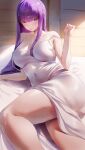  1girl absurdres bare_shoulders blunt_bangs blush breasts cleavage collarbone covered_navel dress fern_(sousou_no_frieren) highres large_breasts long_hair looking_at_viewer open_mouth purple_eyes purple_hair rororo sidelocks solo sousou_no_frieren thighs white_dress 