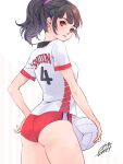  1girl ass ball black_hair brown_eyes buruma from_behind gym_shirt gym_uniform hair_ornament hairclip highres holding holding_ball looking_at_viewer looking_back parted_lips persona persona_5 ponytail qoo1234 red_buruma shirt short_sleeves solo suzui_shiho volleyball_(object) 