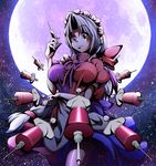  braid breasts cosplay full_moon holding holding_syringe impossible_clothes impossible_shirt izayoi_sakuya izayoi_sakuya_(cosplay) large_breasts long_hair maid maid_headdress moon shirt silver_hair solo syringe touhou yagokoro_eirin yanmarson 