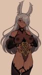  1girl absurdres animal_ears breasts brown_eyes commission dark-skinned_female dark_skin grey_hair hair_over_one_eye highres large_breasts long_hair looking_at_viewer nipples one_eye_closed original parted_lips rabbit_ears red_nails solo the_scarlet_devil 