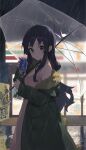  1girl 7-eleven absurdres akiyama_mio black_eyes black_hair breasts can cleavage coat commentary_request dress drink fur-trimmed_coat fur_trim green_coat highres holding holding_can holding_drink holding_umbrella huomianbao39445 k-on! long_hair looking_at_viewer night night_sky outdoors pink_dress pocket rain reflection sky solo standing transparent transparent_umbrella umbrella 