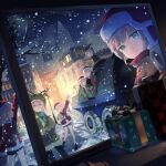  absurdres aqua_eyes baker_nemo_(fate) ball blonde_hair braid captain_nemo_(fate) christmas_present city engineer_nemo_(fate) fate/grand_order fate_(series) fur_hat gift glasses hat highres kamome_umitsuki lamppost marine_nemo_(fate) mole mole_under_eye nemo_(fate) nemo_(santa)_(fate) night nurse_nemo_(fate) professor_nemo_(fate) reindeer_hat santa_costume santa_hat shorts smile snow soccer_ball ushanka waving 