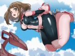  1girl arms_behind_back blue_bodysuit blue_sky bodysuit boku_no_hero_academia boots breasts brown_eyes brown_hair cloud day floating full_body medium_breasts midair multicolored_bodysuit multicolored_clothes outdoors pink_bodysuit shiny_clothes sky solo uraraka_ochako zd_(pixiv6210083) 