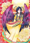  bad_id bad_pixiv_id black_hair black_wings dress earrings flower jewelry long_hair mosho original peacock_feathers pointy_ears red_eyes signature smile solo traditional_media wings 