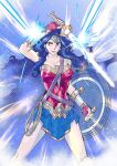  1girl armor blue_hair blue_skirt circlet commentary_request cowboy_shot dc_comics earrings highres holding holding_shield holding_sword holding_weapon jewelry lasso_of_truth long_hair looking_to_the_side pink_lips red_eyes second-party_source shield shiina_takashi skirt smile solo sword weapon wonder_woman wonder_woman_(series) 