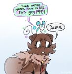brown_body brown_fur domestic_cat duo english_text felid feline felis female feral floppy_ears fur i_think_we&#039;re_gonna_have_to_kill_this_guy mammal meme mouse murid murine poppy_(themagicbrew) rodent simple_background speech_bubble tail text themagicbrew white_background