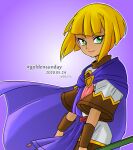  05a7w 1girl blonde_hair cape closed_mouth commentary dated golden_sun green_eyes looking_at_viewer sheba_(golden_sun) short_hair simple_background smile solo staff 