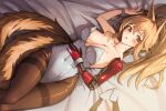  1girl animal_ears arm_up bed_sheet blush body_writing bowlp breasts brown_hair brown_pantyhose closed_mouth collarbone commission covered_navel feet_out_of_frame fox_ears fox_girl fox_tail from_above grey_leotard hand_on_own_stomach highres large_breasts leotard long_hair looking_at_viewer lying multiple_tails on_back on_bed original pantyhose parted_lips pixiv_commission ponytail prosthesis prosthetic_arm red_eyes solo strapless strapless_leotard tail thighband_pantyhose two_tails 