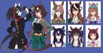  6+girls animal_ears arm_up ascot belt black_coat black_flower black_hair blue_background blue_eyes blue_hair bow bowtie breasts brown_hair cleavage closed_mouth coat collared_shirt detached_collar ear_covers epaulettes expressionless fingerless_gloves flower gloves green_eyes green_jacket green_pants grin hair_ornament hair_ribbon hairband half_gloves hand_on_own_hip hat horse_ears horse_girl horse_tail jacket katsuragi_ace_(umamusume) long_hair long_sleeves multicolored_hair multiple_girls nishino_flower_(umamusume) oo_sungnim orange_eyes pants pendant_choker pink_eyes ponytail purple_shirt red_eyes ribbon samson_big_(umamusume) satono_diamond_(umamusume) shirt short_hair single_epaulette sirius_symboli_(umamusume) small_breasts smile streaked_hair symboli_rudolf_(umamusume) tail twintails umamusume verxina_(umamusume) vivlos_(umamusume) white_headwear x_hair_ornament 