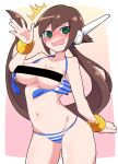  1girl @_@ absurdres aile_(mega_man_zx) bikini blue_bikini blush breasts brown_hair buzzlyears censored censored_nipples english_commentary green_eyes highres large_breasts long_hair mega_man_(series) mega_man_zx mega_man_zx_advent multicolored_bikini multicolored_clothes nervous open_bikini open_clothes paid_reward_available ponytail robot_ears solo striped_bikini striped_clothes swimsuit white_bikini 