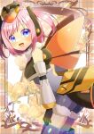  1girl :d bare_shoulders black_gloves blue_eyes blush bodysuit commentary_request commission copyright_request from_side fur_trim gloves grey_bodysuit headgear kou_hiyoyo looking_at_viewer looking_to_the_side orange_wings pink_hair skeb_commission smile solo standing two_side_up 