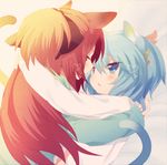  all_fours animal_ears bad_id bad_pixiv_id blue_eyes blue_hair blush bow cat_ears cat_tail eye_contact face-to-face hair_bow hair_ornament hairpin heart hug imminent_kiss kemonomimi_mode long_hair looking_at_another lying mahou_shoujo_madoka_magica miki_sayaka multiple_girls nochita_shin on_back open_mouth red_hair sakura_kyouko shirt short_hair tail yuri 