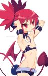  1girl 4rion absurdres belt choker demon_girl demon_tail demon_wings disgaea earrings elbow_gloves etna_(disgaea) flat_chest gloves highres jewelry looking_at_viewer makai_senki_disgaea navel pointy_ears prinny red_eyes red_hair simple_background skirt skull_earrings solo tail twintails white_background wings 