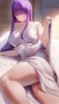  1girl absurdres bare_shoulders bed_sheet blunt_bangs blush breasts cleavage collarbone covered_navel dress fern_(sousou_no_frieren) highres large_breasts long_hair looking_at_viewer open_mouth purple_eyes purple_hair rororo sidelocks solo sousou_no_frieren thighs white_dress 