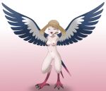 avian avian_feet european_mythology eyes_closed fangs female generation_3_pokemon greek_mythology harpy hi_res humanoid joyvell may_(pokemon) monster_girl_(genre) mythological_avian mythology nintendo nude pokemon pokemon_(species) solo swellow teeth transformation wings