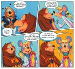 2023 animatronic annoyed annoyed_expression anthro bear billy_bob_brockali bodily_fluids brown_bear brown_body brown_fur canid canine canis clothed clothing comic confusion creative_engineering_incorporated daisiloou detailed_background dialogue digital_media_(artwork) domestic_dog dook_larue ear_pull english_text female fur gesture grizzly_bear hair hi_res machine makeup male mammal mitzi_mozzarella mouse murid murine nervous nervous_sweat off_screen_character overweight overweight_anthro overweight_male pointing robot rodent scared scared_face showbiz_pizza_place simple_background skateboard teeth text the_rock-afire_explosion ursine