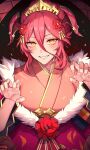  1girl absurdres black_background blush breasts claw_pose dragalia_lost dragon_girl dragon_horns embers flower fur_trim hair_between_eyes hair_flower hair_ornament highres horns large_breasts lips long_hair looking_at_viewer mym_(dragalia_lost) nurufufufu open_mouth red_hair smile solo tiara upper_body yellow_eyes 