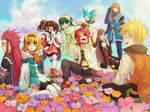  5boys ;d ^_^ anise_tatlin asch bad_id bad_pixiv_id belt blonde_hair brown_eyes brown_hair cape closed_eyes coat cravat creature detached_sleeves fingerless_gloves flower flower_bed glasses gloves green_eyes green_hair guy_cecil hair_tubes hairband happy highres ion jade_curtiss kneeling long_hair luke_fon_fabre midriff mieu multiple_boys multiple_girls natalia_luzu_kimlasca_lanvaldear one_eye_closed open_mouth pants profile red_hair shoes sidelocks sitting smile soapwort spiked_hair tales_of_(series) tales_of_the_abyss tear_grants thighhighs twintails white_gloves white_legwear 