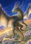  claws closed_mouth cloud commentary_request dragon dragon_horns dragon_tail dragon_wings flying highres horns nasuno_posi no_humans original spikes sun tail western_dragon white_eyes white_scales wings yellow_scales 