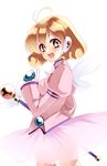  :d ahoge bad_id bad_pixiv_id brown_eyes brown_hair corrector_yui curly_hair dress gem gloves happy highres kasuga_yui kurabayashi open_mouth pink_shirt shirt short_hair smile solo wand wings 