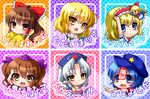  alice_margatroid apron arm_up blonde_hair blue_eyes blue_hair bow braid brown_eyes brown_hair cross hair_bow hair_ribbon hair_tubes hakurei_reimu hat headdress himekaidou_hatate jiangshi kirisame_marisa ladle long_hair miyako_yoshika momojiri_aya multiple_girls necktie no_hat no_headwear nurse_cap open_mouth outstretched_arms pom_poms ponytail pun ribbon shanghai_doll short_hair silver_hair smile star tokin_hat touhou translated twintails yagokoro_eirin yellow_eyes zombie_pose 